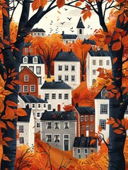 Colorful Back to School Frame Background with Autumn Leaves and Houses for Educational and Seasonal Designs