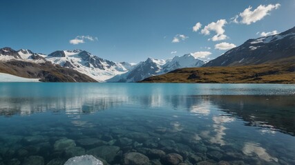 A tranquil glacial lake with an ice bath situated next to its crystalclear waters allowing for a rejuvenating dip while taking in the stunning views.
