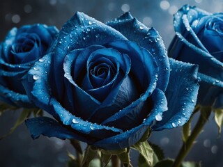A stunning close-up image of a bouquet of vibrant blue roses, showcasing the rich color and delicate dew on the petals, symbolizing love, mystery, and uniqueness.
