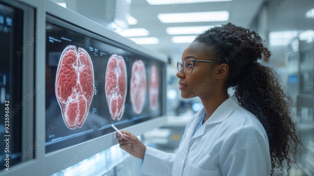 Poster A scientist studies detailed brain scans on a large screen, focused on research in a high-tech laboratory setting.