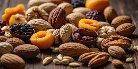 A vibrant, high-resolution image showcasing an array of nuts, seeds, and dried fruits artistically spread on a wooden surface, highlighting themes of healthy lifestyle and dietary variety.