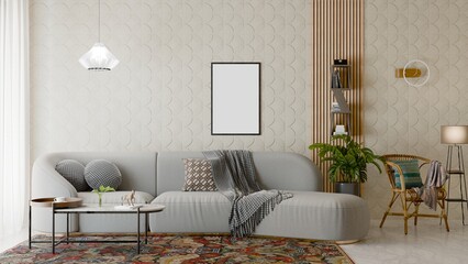 Light themed cosy living room interior with empty photo frame mockup on white pattern wall