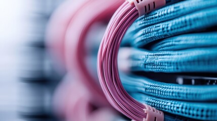 A close-up shot capturing the intricate details of intertwined colorful cables, emphasizing the importance of connections and technological advancements in modern society.