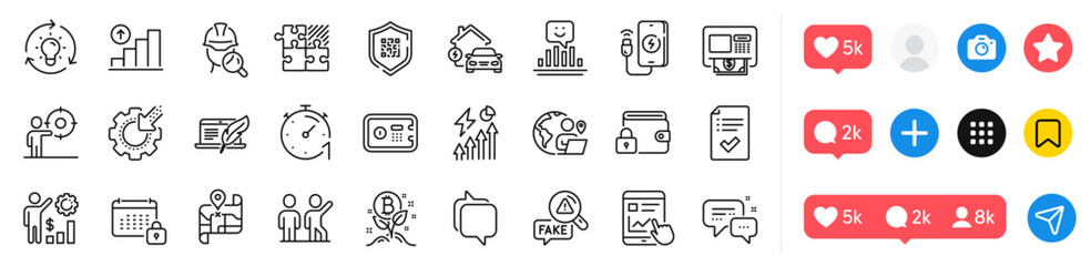 Safe box, Timer and Copyright laptop line icons pack. Social media icons. Employees wealth, Qr code, Inspect web icon. Lock, Bitcoin project, Messenger pictogram. Fake news, Puzzle game, Map. Vector
