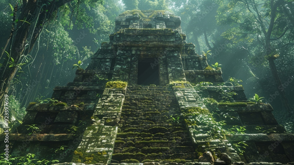 Aufkleber ancient temple surrounded by lush jungle at dawn with soft sunlight filtering through trees