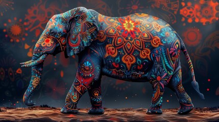 Colorful elephant adorned with intricate patterns walking through a mystical landscape at dusk