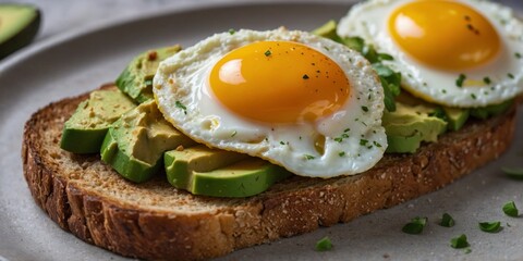 Close-up of avocado toasts topped with eggs, showcasing culinary simplicity and health This vivid image is perfect for food-related designs and articles.