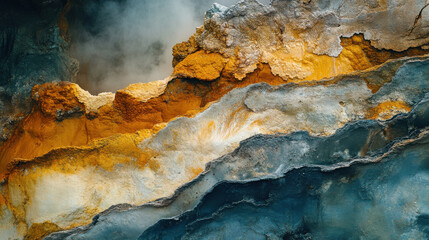 Naklejka premium A high-definition photo of a geothermal site with strikingly colorful mineral deposits and active steam vents. The sharp details bring out the uniqueness of this natural phenomenon.