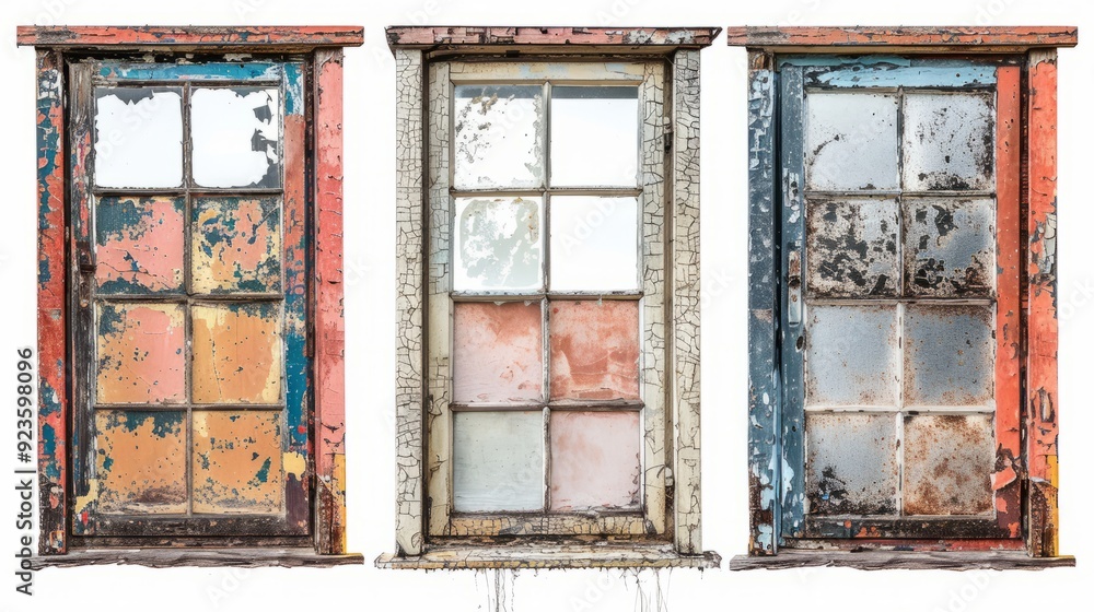 Poster weathered windows showcasing peeling paint in a rustic setting