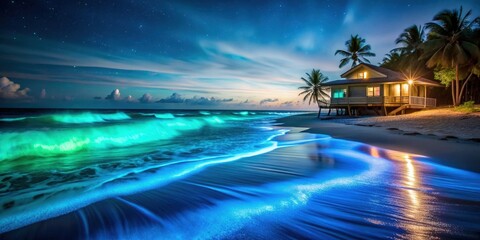 Bioluminescent waves glowing on a tropical beach with a lit beach house at night, bioluminescence, waves, beach, tropical, glow
