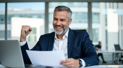 Fototapeta premium A confident businessman in a modern office, smiling and raising his fist in triumph while working on a laptop, signaling a successful outcome.