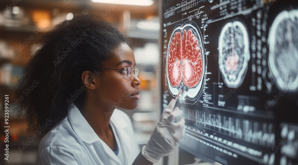 Fototapete A scientist analyzes detailed brain scans on a digital screen, focused on understanding brain patterns and structures.