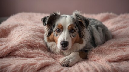 Fototapeta premium A fluffy australian shepherd rests contentedly on a soft pink blanket, the epitome of domesticated comfort as well as companionship.