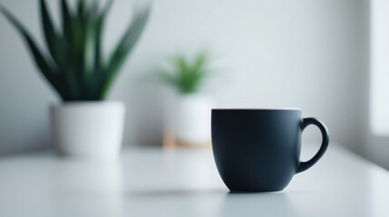 A minimalist lifestyle shot of a coffee cup on a clean, tidy desk in a modern office.