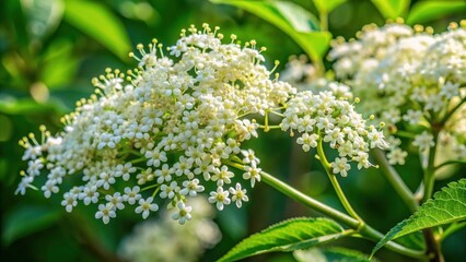 Obraz premium Close-up of beautiful black elderberry flowers and buds on a branch , elderberry, spring, bloom, nature, botanical, garden