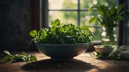 A bowl filled with freshly picked wild garlic nettle and mint leaves ready to be made into pesto.
