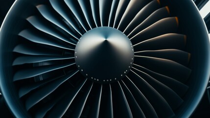 Close-up view of a jet engine turbine showing intricate fan blades during daylight at an aircraft maintenance facility.