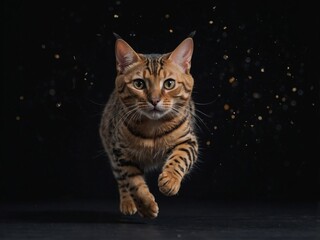 Cute bengal cat jumping on a black background.
