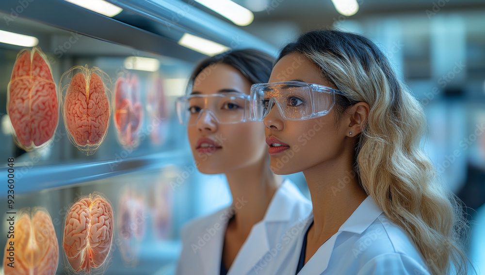 Poster two scientists analyze detailed brain models while wearing protective glasses in a modern research e