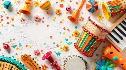 Fototapeta premium Vibrant and Colorful Education Back to School Background with Musical Instruments and Art Supplies