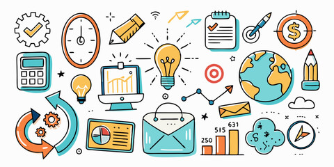 Business doodle icon set, vector hand drawn finance sketch, ink line startup money clipart. Creative presentation project scribble, cartoon cute strategy sign, achievement chart. Business doodle kitbr