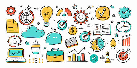 Business doodle icon set, vector hand drawn finance sketch, ink line startup money clipart. Creative presentation project scribble, cartoon cute strategy sign, achievement chart. Business doodle kitbr