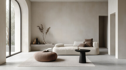 A minimalist living room with clean lines and simple decor, featuring a cozy reading nook.