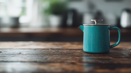 This image depicts a blue kettle sitting atop a rustic wooden kitchen counter, with condensation on its surface, evoking a warm and inviting atmosphere in the kitchen.
