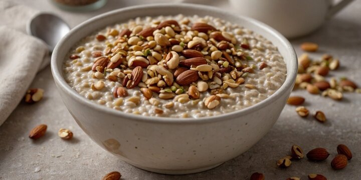 A creamy buckwheat porridge flad with warm es and topped with crunchy nuts and seeds.