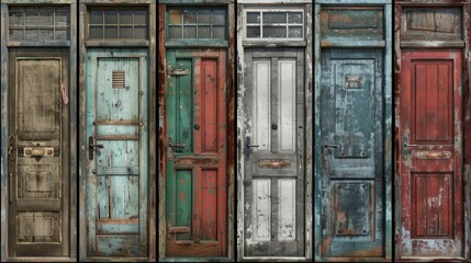 Vintage wooden doors in assorted colors lined up against a rustic wall