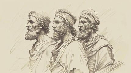 Fototapeta premium Genesis,The Table of Nations:Biblical illustration of Noah’s sons, Shem, Ham, and Japheth, minimalist bold pencil sketch, soft beige background, high-resolution, ideal for spiritual wall art.