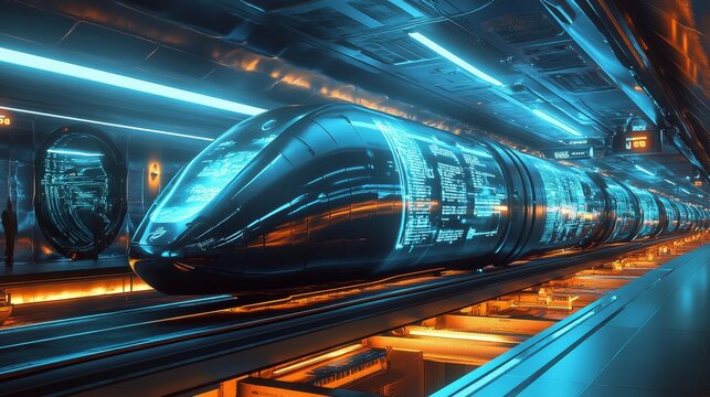 Futuristic Hyperloop Station with Bioluminescent Trains and Holographic Route Maps for High-speed Travel Experience