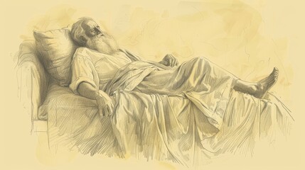 Genesis,The Death of Jacob:Jacob Lying on His Bed Surrounded by His Sons, Modern Minimalist Biblical Illustration, Bold Pencil Sketch, Soft Beige Background, High-Resolution Editorial Quality
