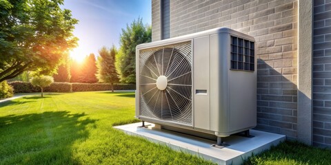 Outdoor air conditioning and heat pump unit on a sunny day, cooling, heating, HVAC, energy efficient