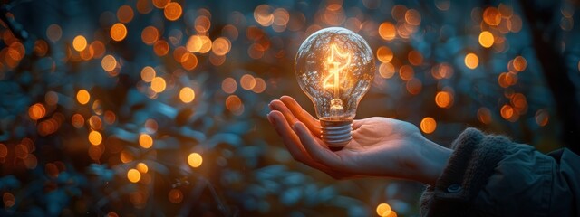 Glowing Lightbulb Held in Hand with a Blurred Bokeh Background