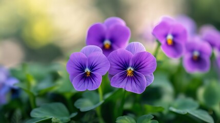 Fototapeta premium Vibrant purple pansies showcase their delicate petals in a lush garden setting.