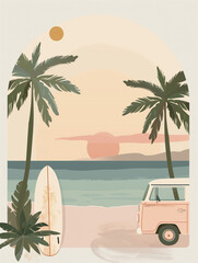 summer vacation poster, pastel color poster, camper van with surf board, beach