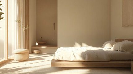 A serene and organized bedroom with a minimalist design and neutral tones, reflecting a peaceful and simple lifestyle.
