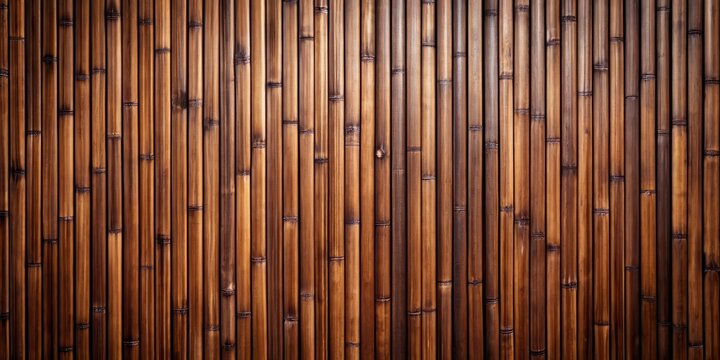 Dark brown wooden surface wide panoramic texture. Natural bamboo wallpaper. Wood slat wall large background, wood, brown