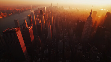 Aerial view of a bustling cityscape at sunset with skyscrapers casting long shadows and the sky painted in warm hues of orange and pink