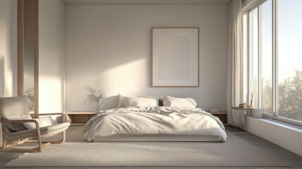 Obraz premium A serene bedroom with neutral tones and minimalistic furniture, reflecting a calm and clean lifestyle.
