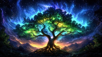 Fototapeta premium A vibrant tree under a starry sky, radiating colorful energy and life, embodies the beauty of nature and cosmic wonder.