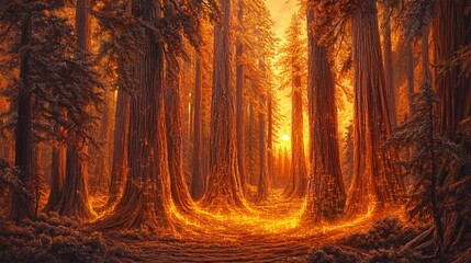 Fototapeta premium A grove of towering redwoods, their bark textured with intricate, circuit-like patterns, bask in the golden light of a setting sun. The forest floor is carpeted with a bed of glowing moss, creating a