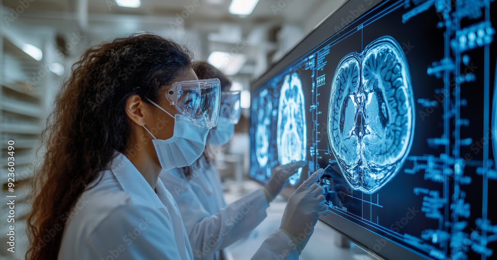 Poster Scientists in lab coats examine detailed brain scans on a large monitor, focusing on neurological research and analysis.