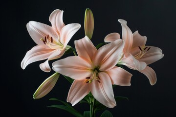 Fototapeta premium Delicate pink lilies in bloom, showcasing elegant petals against a dark background