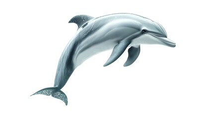 Playful Dolphin Leaping Joyfully Mid-Air Showcasing Sleek Physique on White Background