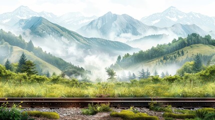 Fototapeta premium Misty mountains and lush greenery alongside a railway track during the morning