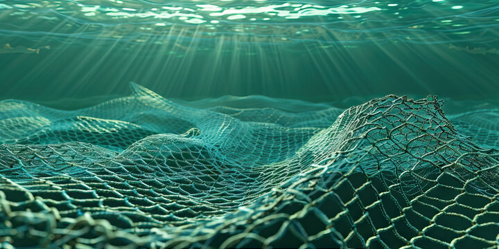 Overfishing is the empty net of depletion, depleting marine life and disrupting ecosystems: Visualize overfishing as an empty fishing net