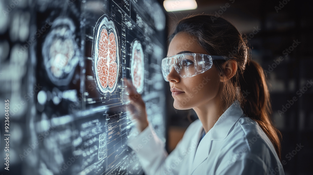 Poster A scientist investigates detailed brain scans on a digital display, focusing intently in a modern laboratory setting during nighttime.