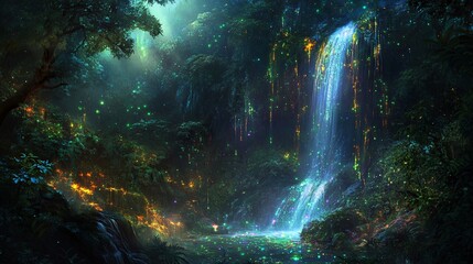 Fototapeta premium A waterfall cascades down a cliff face, its water infused with glowing particles that create a mesmerizing light show. The surrounding forest is lush and vibrant, with trees whose leaves shimmer with